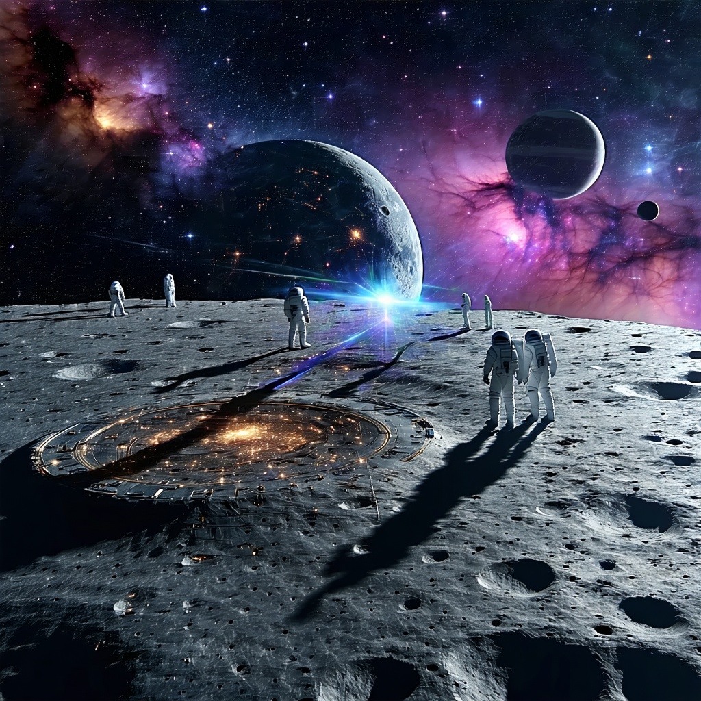 The image depicts a futuristic scene of space exploration showcasing a vast expanse of shimmering stars and colorful nebulae against the dark backdrop of space In the foreground a massive asteroid drifts silently its rugged surface glistening with me