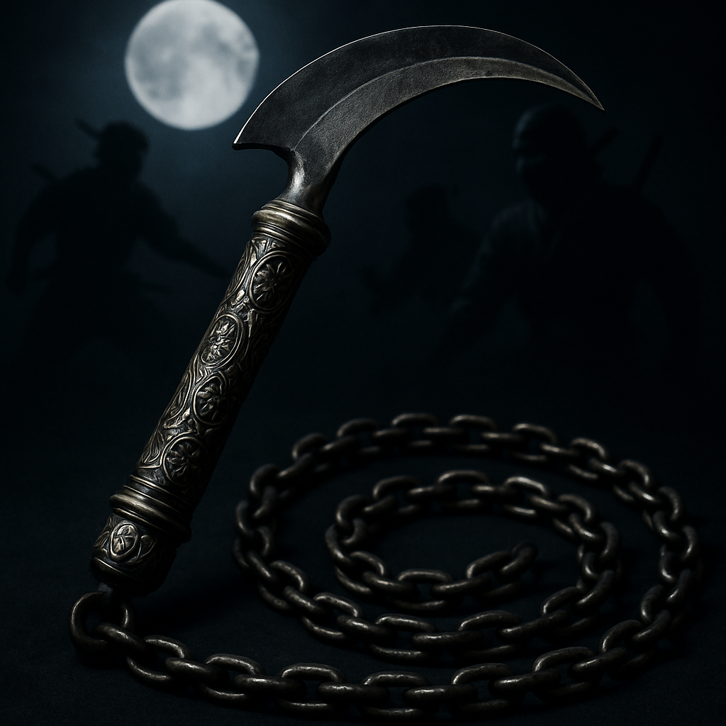 A dramatic close-up of an ornate kusarigama chain