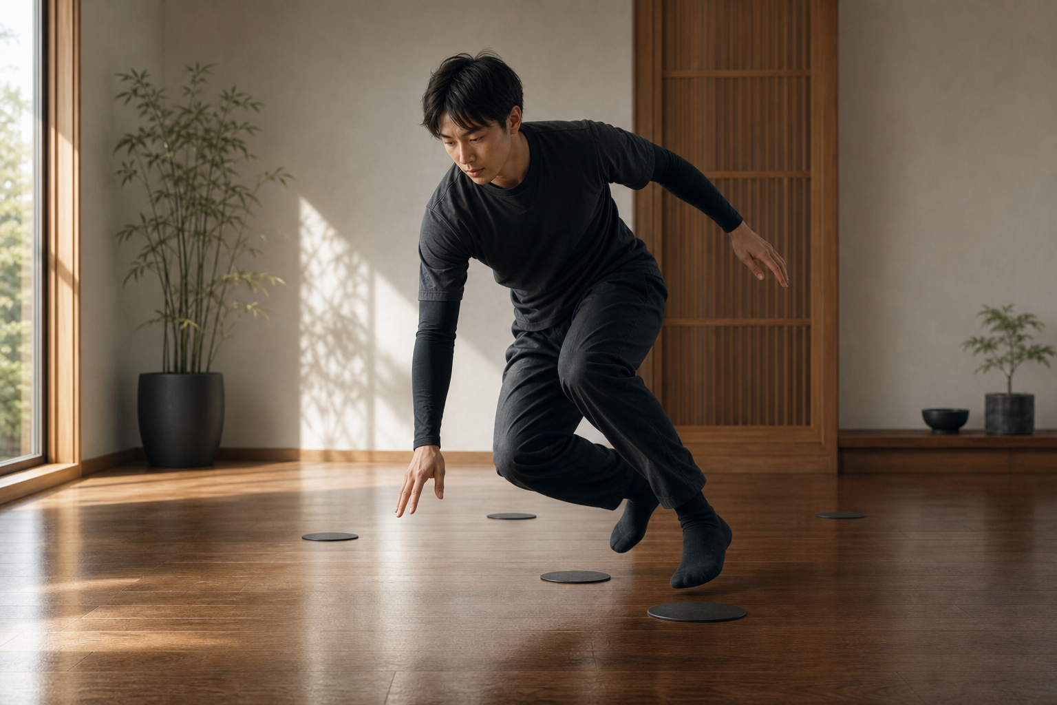 A beginner practicing agile footwork and balance drills in a minimalist dojo-inspired room at home.