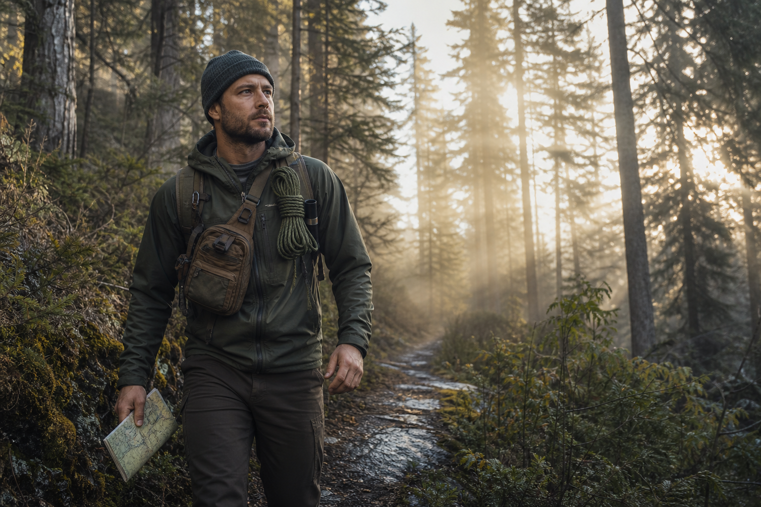 A person moving quietly along a forest trail at dawn with lightweight gear for navigation and outdoor readiness.