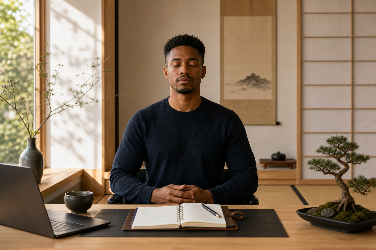 A modern professional in a calm workspace using breathing and planning rituals to build focus and discipline.